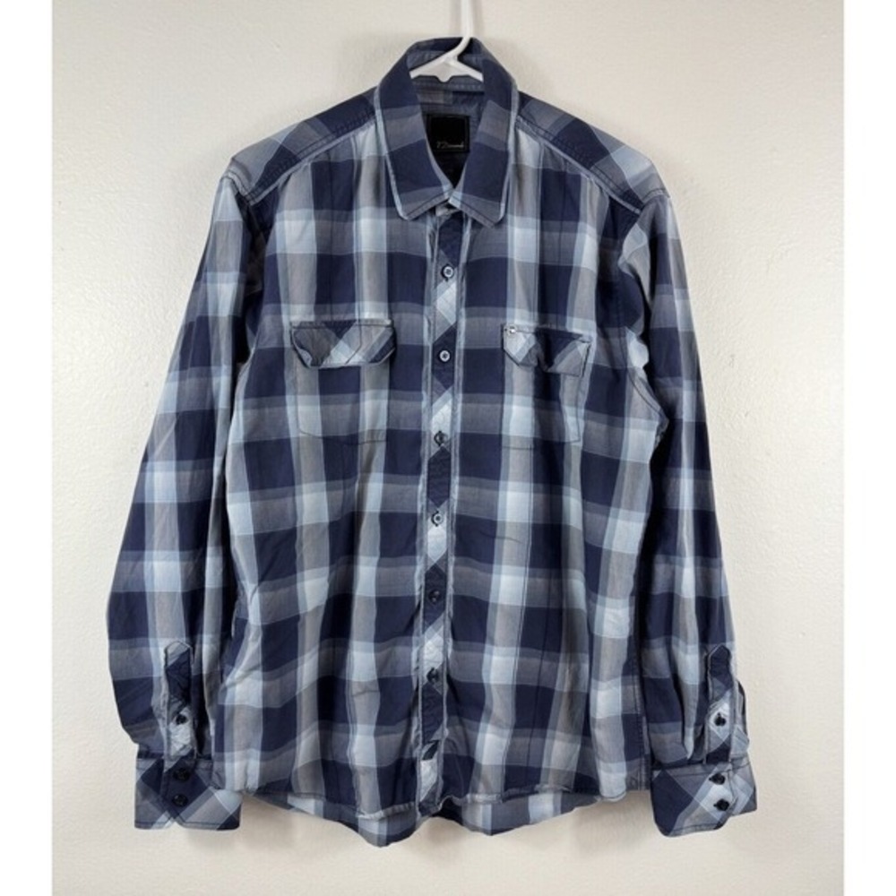 7 DIAMONDS  Mens Long Sleeve Button‎ Up Shirt Blue PLAID 3433 western - SIZE XL